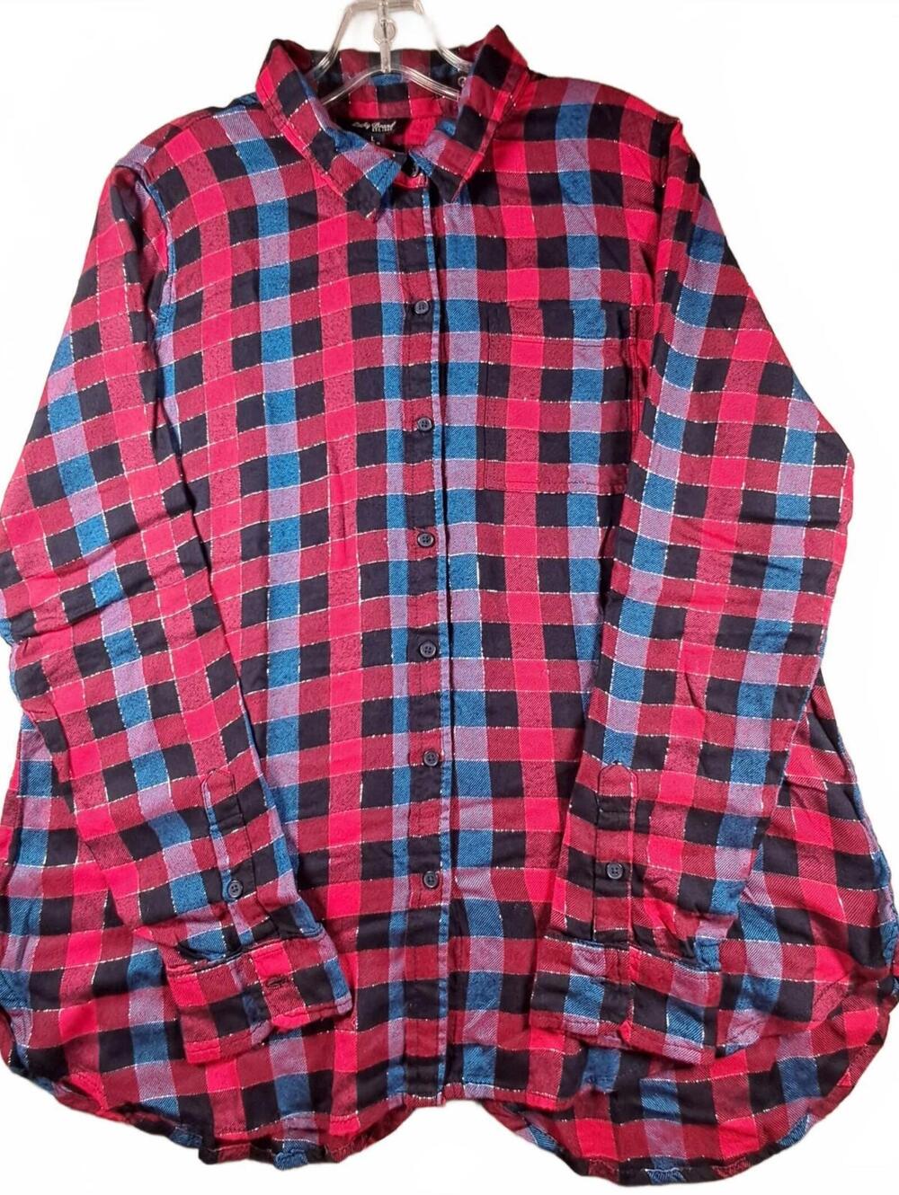 Lucky Brand Women’s L Plaid Button Up Shirt Red Blue Black Rayon Utility